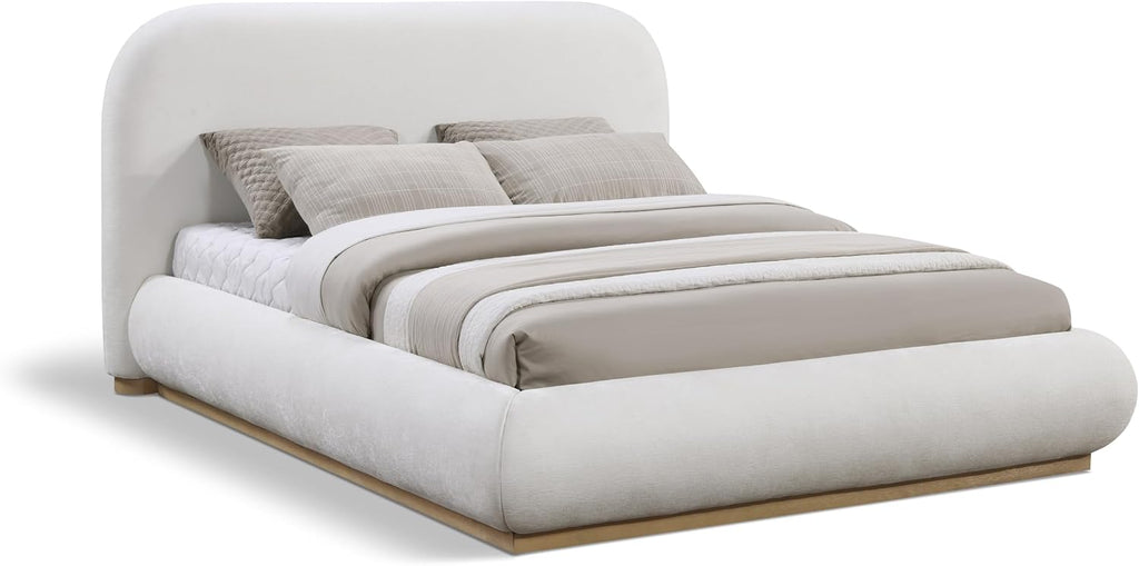 Meridian Furniture B1211Cream-Q Vaughn Collection Modern | Contemporary Queen Bed with Soft Cream Chenille Fabric, Natural Finish Solid Wood Base, 74' W x 93' D x 44.5' H, Cream, Queen