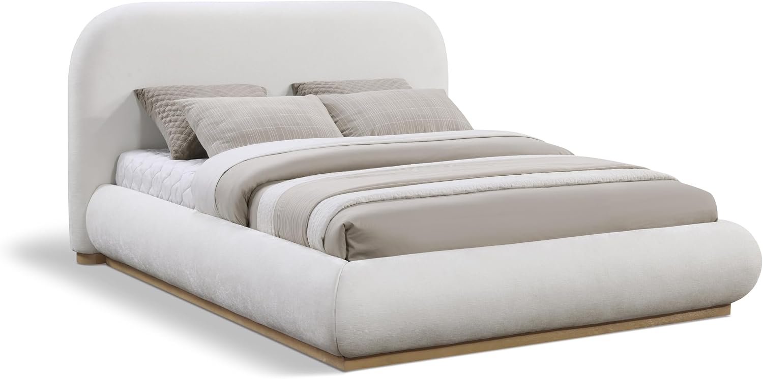Meridian Furniture B1211Cream-K Vaughn Collection Modern | Contemporary King Bed with Soft Cream Chenille Fabric, Natural Finish Solid Wood Base, 90' W x 93' D x 44.5' H, Cream, King