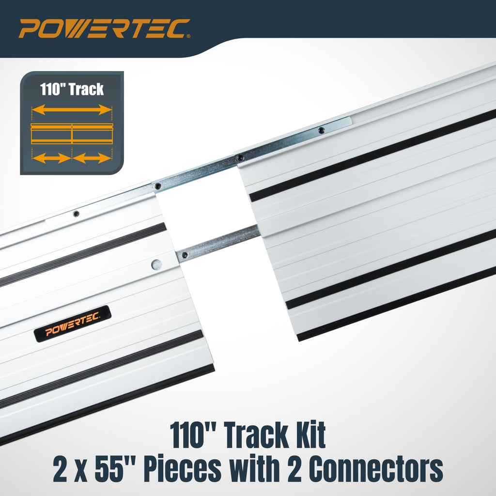 POWERTEC 110' Track Saw Guide Rail Joining Set for Kreg Track Saws, Include 2x55' Extruded Aluminum Guide Rail and 2 Rail Extension Connectors Perfect for Repeatable Rip Cuts & Crosscuts (71991)