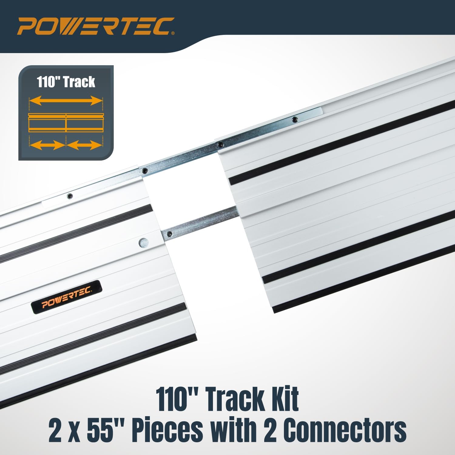 POWERTEC 110' Track Saw Guide Rail Joining Set for Kreg Track Saws, Include 2x55' Extruded Aluminum Guide Rail and 2 Rail Extension Connectors Perfect for Repeatable Rip Cuts & Crosscuts (71991)