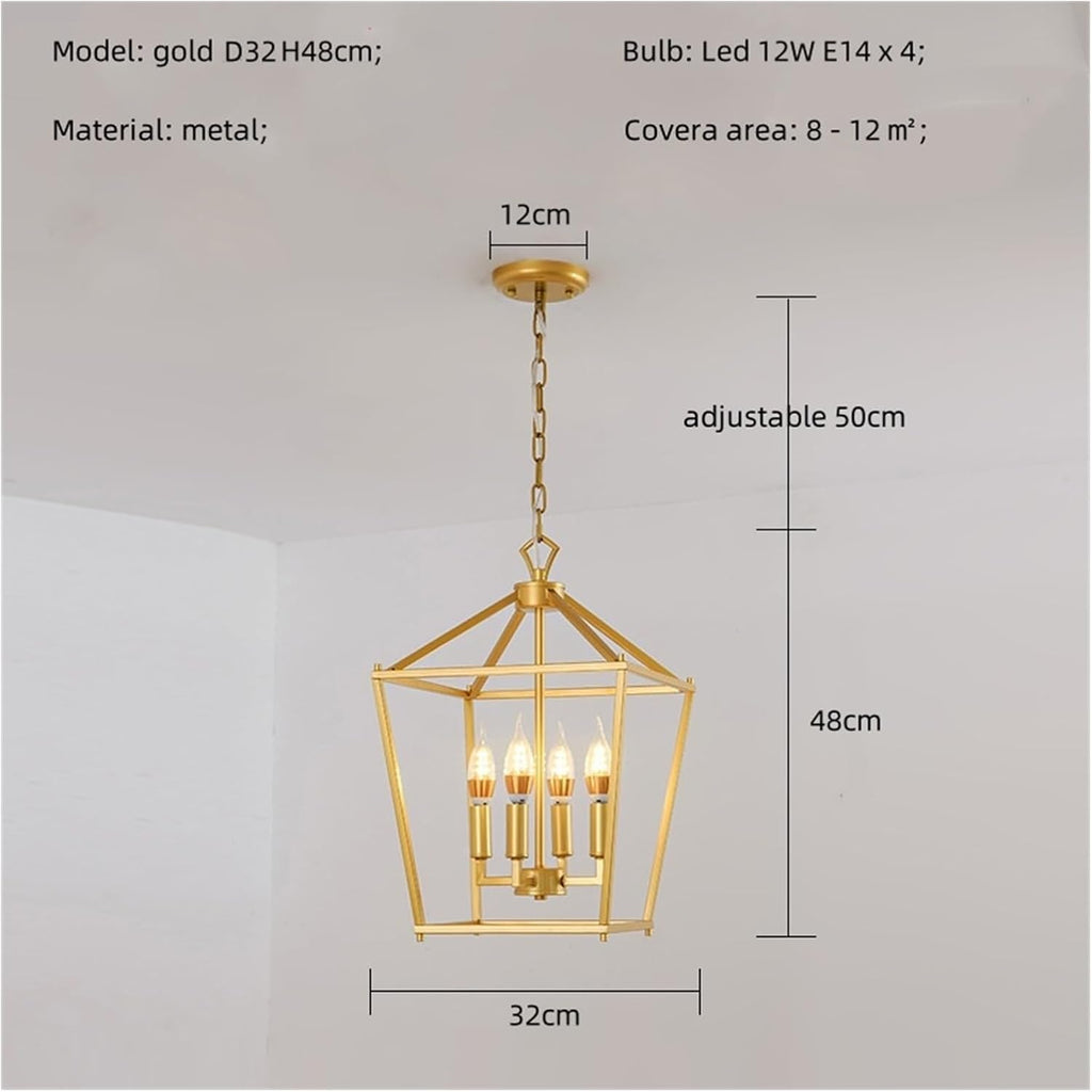 Chandelier, Retro Corridor Pendant Lights Minimalism Metal Frame Chandelier Lamp Art Decor Indoor Lighting Led Luminarias(Gold D32 H48cm,White Light)