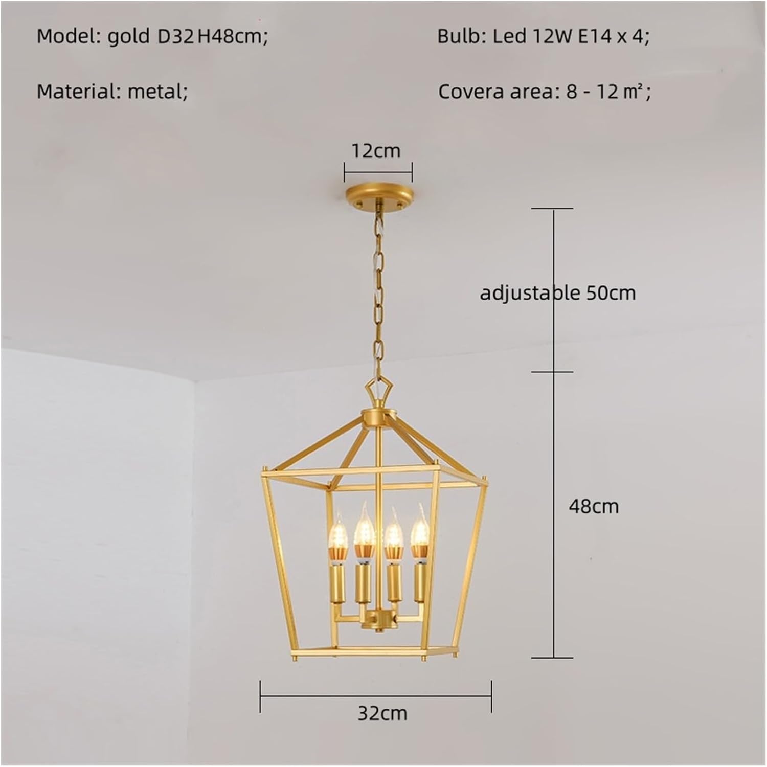 Chandelier, Retro Corridor Pendant Lights Minimalism Metal Frame Chandelier Lamp Art Decor Indoor Lighting Led Luminarias(Gold D32 H48cm,White Light)