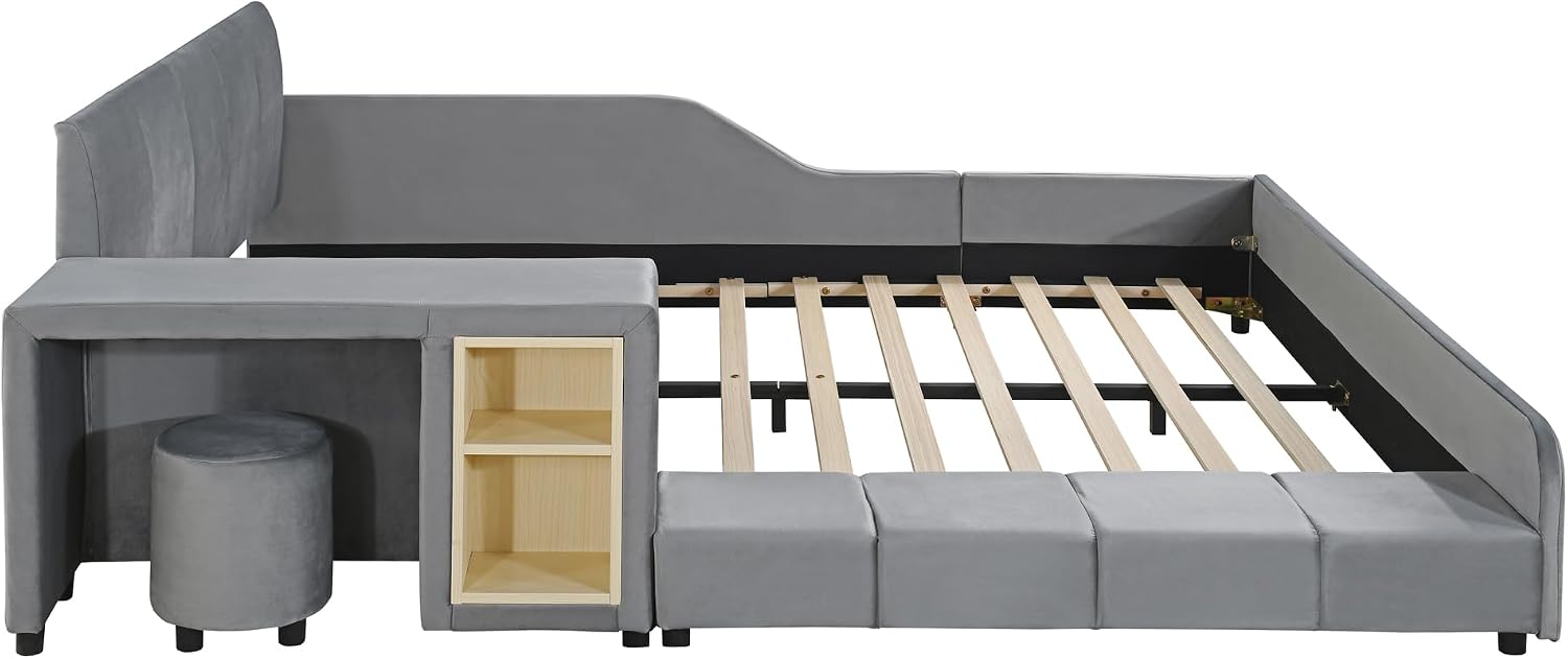 Queen Size Upholstered Bed Frame with Bedside Desk and Little Round Stool, Modern Comfortable Soft Bed with Sturdy Slats Support, Mother & Child Bed for Kids Adults (Gray, Queen)