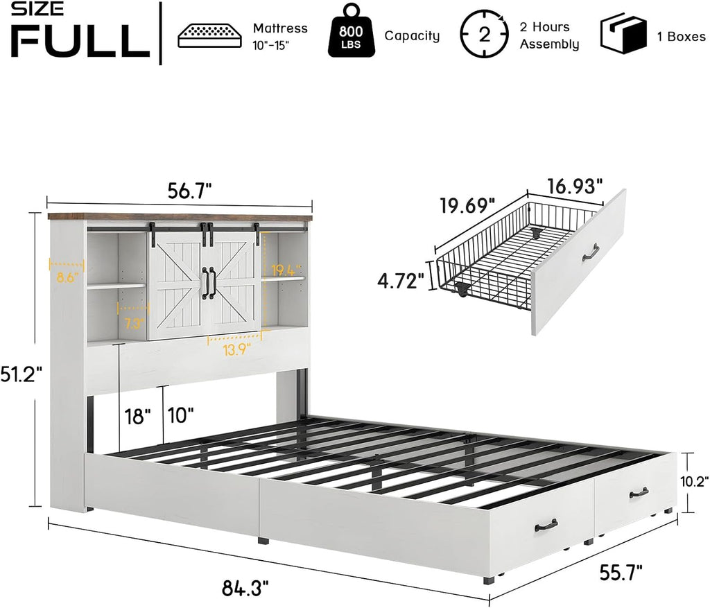 HOWE Farmhouse Full Size Bed Frame with 51.2' Bookcase Headboard, Wooden Platform Bed with 2 Drawers, Sliding Barn Door Dec, Storage Bed with Charging Station, No Box Spring Needed, White