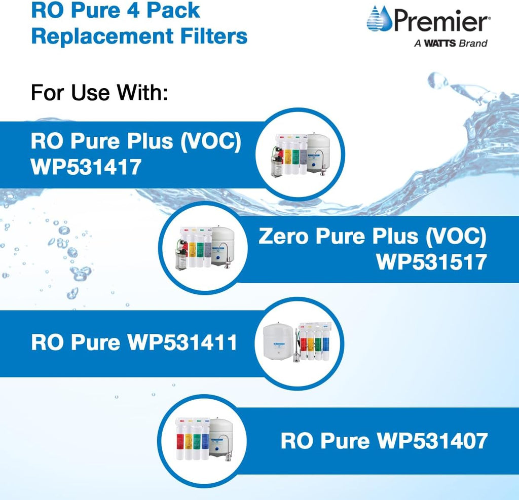 Watts Premier RO 4-Pack Filter Kit for 4 Stage Pure Plus/Zero Plus Reverse Osmosis System, Push Button Water Filter Replacement, Sediment, Carbon Pre- & Post, and Membrane Variants Included