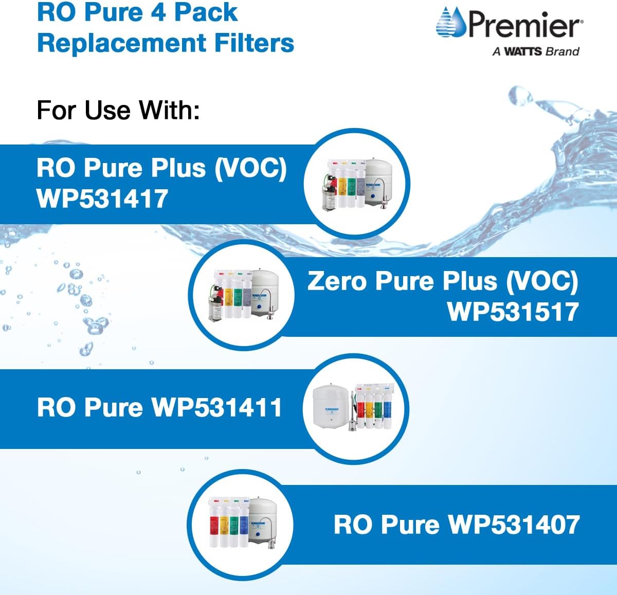 Watts Premier RO 4-Pack Filter Kit for 4 Stage Pure Plus/Zero Plus Reverse Osmosis System, Push Button Water Filter Replacement, Sediment, Carbon Pre- & Post, and Membrane Variants Included