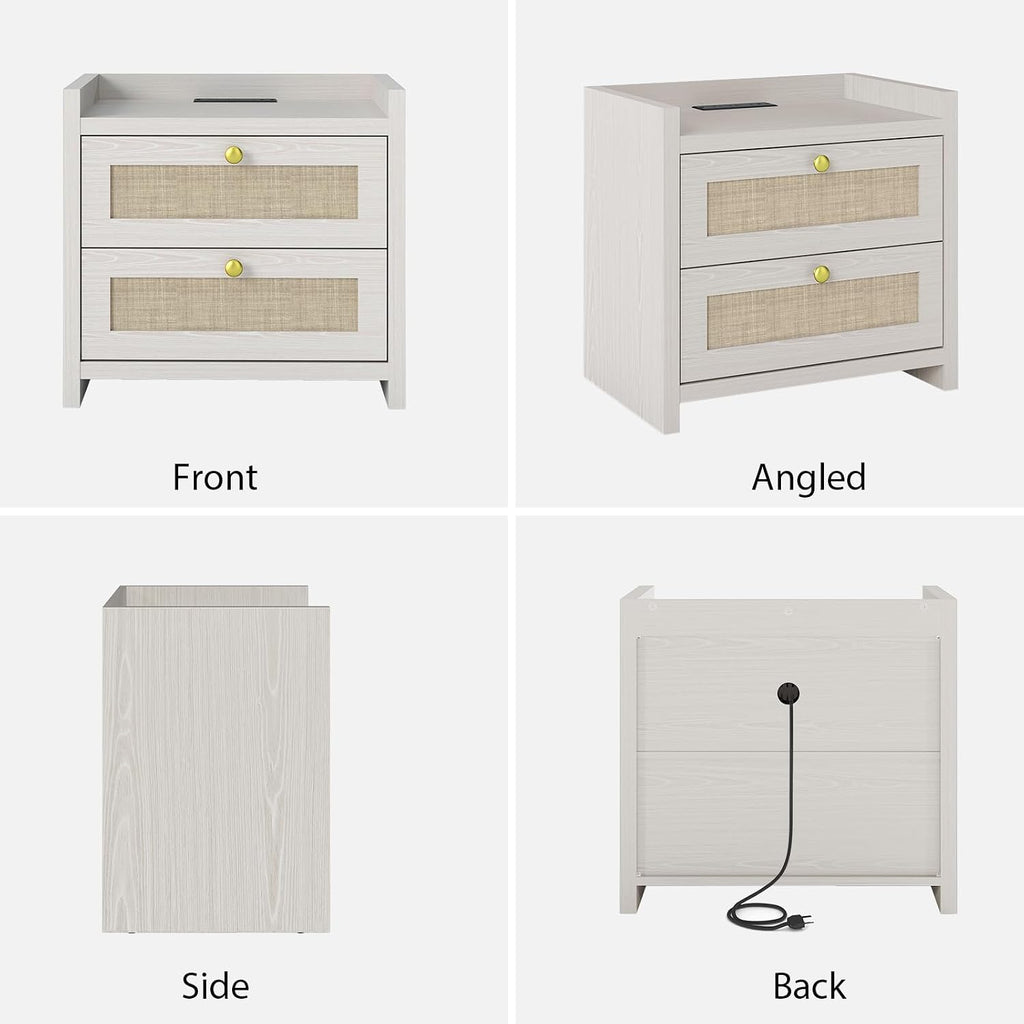 LubanNese 23.6' Nightstand Set of 2, Boho Wooden Bedside Table with Charging Station for Bedroom, Farmhouse Rustic Large Wide Night Stands with 2 Soft Close Drawers, Beige Ash