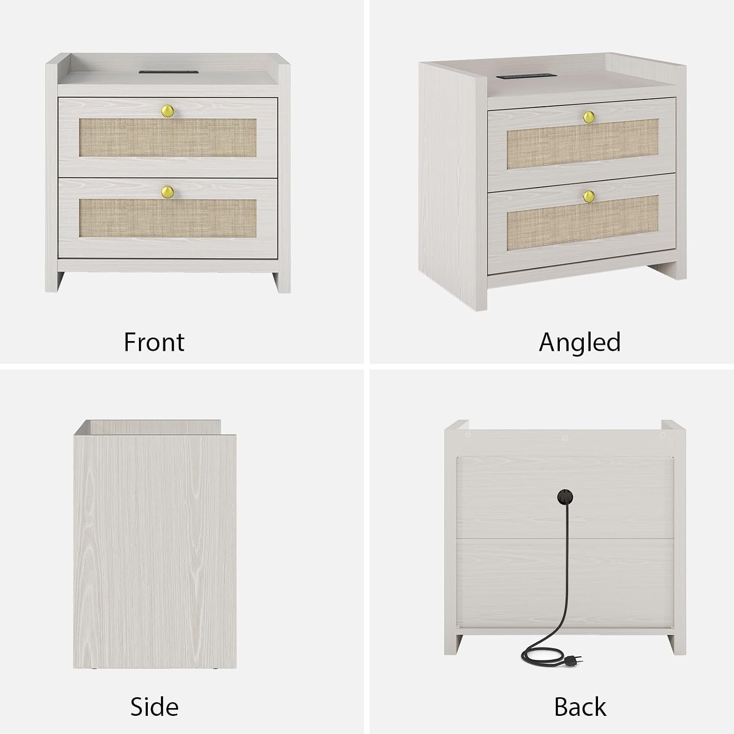 LubanNese 23.6' Nightstand Set of 2, Boho Wooden Bedside Table with Charging Station for Bedroom, Farmhouse Rustic Large Wide Night Stands with 2 Soft Close Drawers, Beige Ash