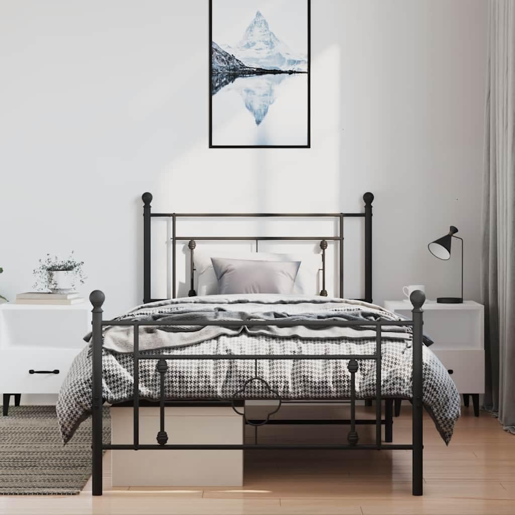 Metal Bed Frame with Footboard Black 39.4'x78.7' Queen/Twin Size Platform Bed Frame Sturdy Steel Construction Underbed Storage Space for Bedroom Guest Room