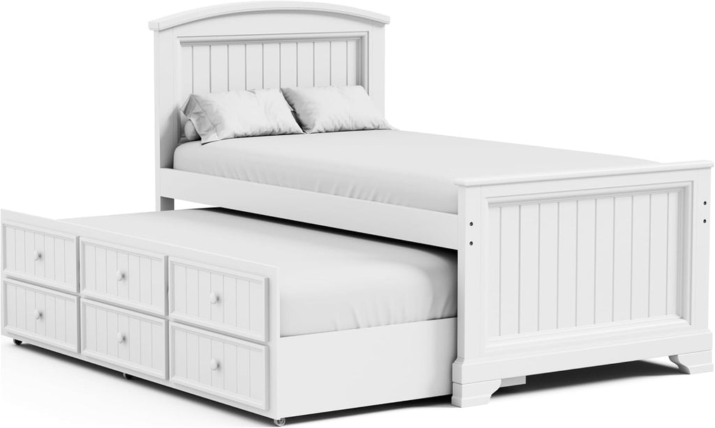 Furniture of America Darden Modern Solid Wood 3-Piece Bedroom Collection with Twin Captain Bed, Trundle and 2-Drawer Nightstands Set of 2, No Box Spring Required, White