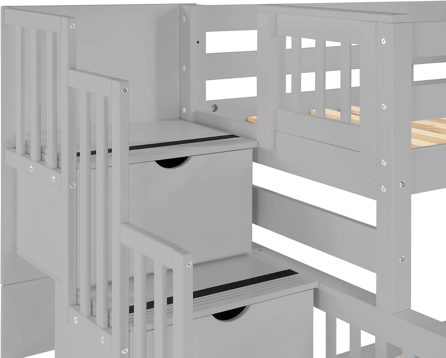 Bedz King Stairway Bunk Beds Twin Over Full, 4 Step Drawers, Twin Trundle, Gray