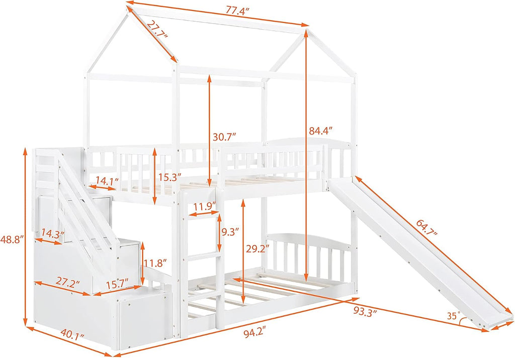 KLMM Twin Over Twin Bunk Bed for Kids Toddlers, House Bunk Bed Farm with Storage Steps and Slide Ladder Roof Guardrail for Girls/Boys, No Spring Box Required (White-Wood)