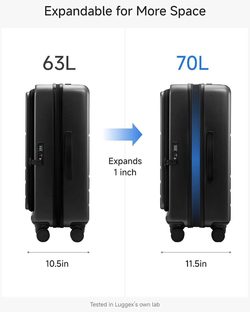 LUGGEX Checked Luggage with Spinner Wheels, FLO5 Top Opening Expandable Polycarbonate Hard Shell Suitcase with TSA Approved Lock (FX-Core, Black, 24 Inch)