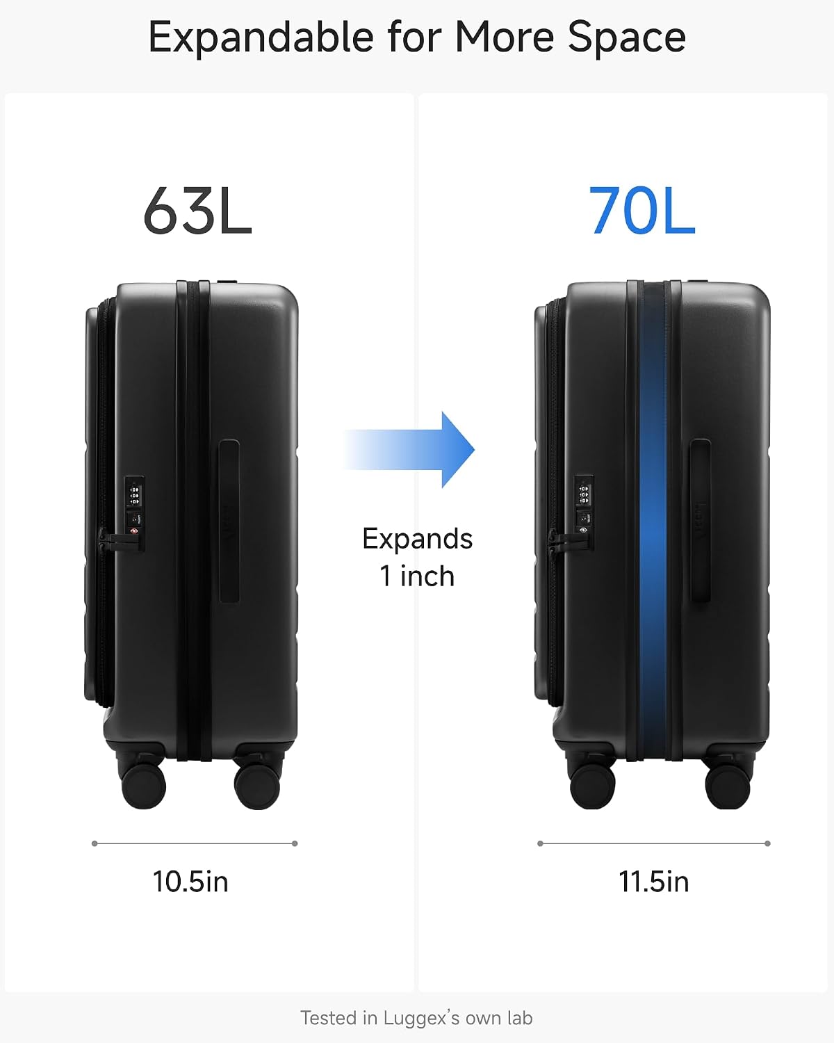 LUGGEX Checked Luggage with Spinner Wheels, FLO5 Top Opening Expandable Polycarbonate Hard Shell Suitcase with TSA Approved Lock (FX-Core, Black, 24 Inch)
