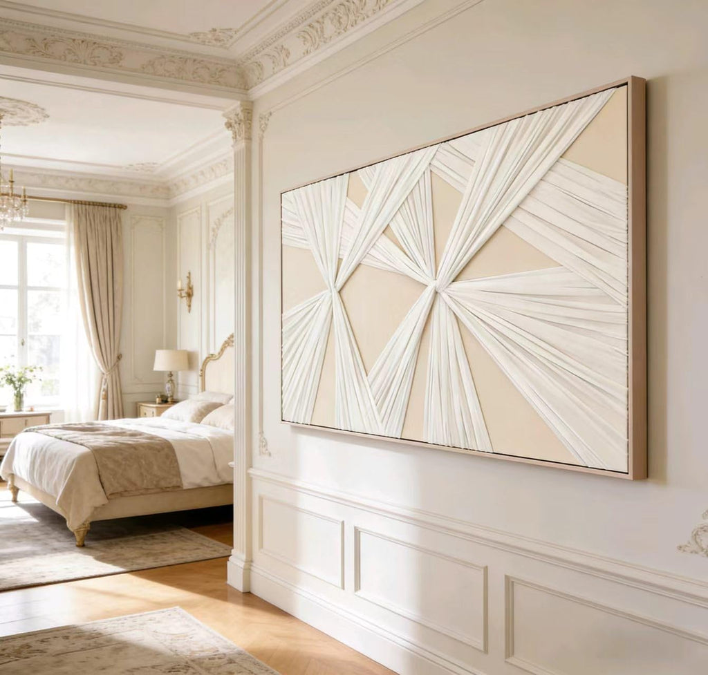 Artists' Handicraft, Extra Large Luxury 3D Fabric Neutral Textured Wall Art, Minimalist Abstract Boho Modern Long Beige Painting Wall Decor for Living Room Bedroom Hallway Office, Horizontal, 54x27 Inces