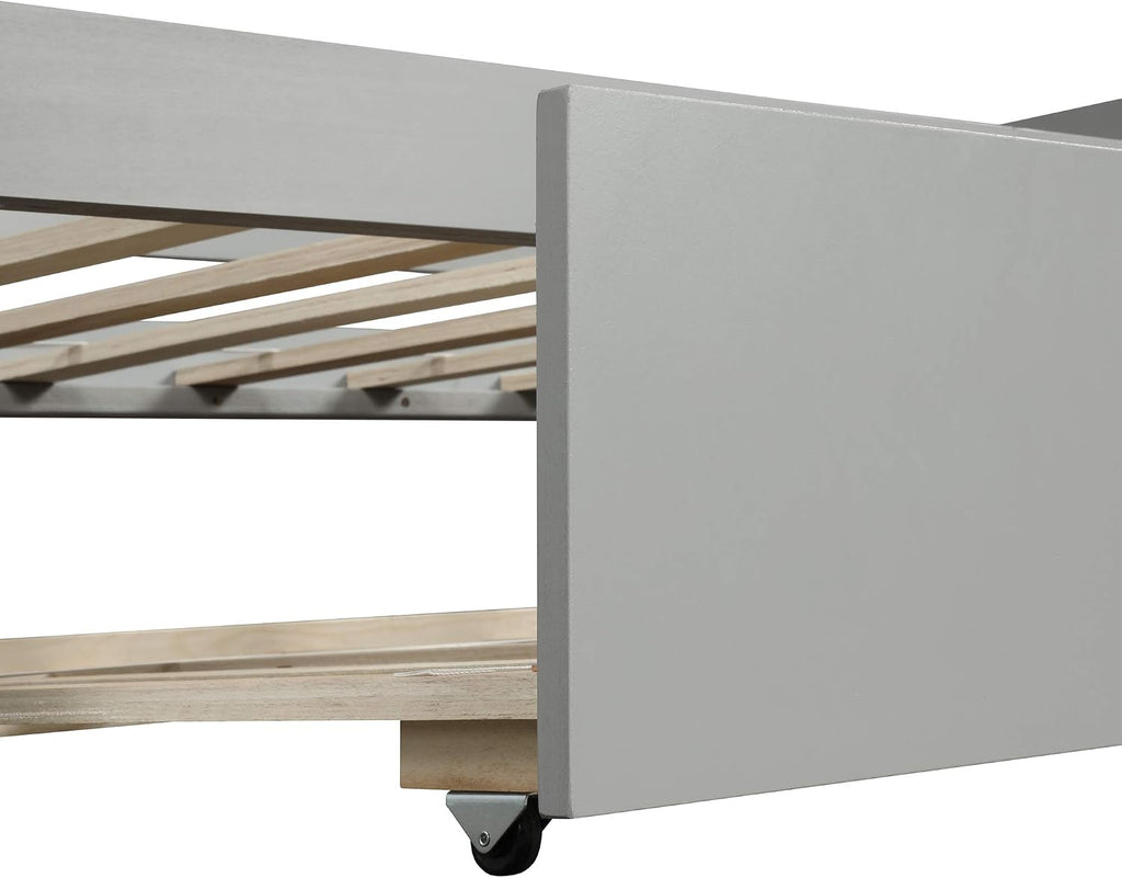 Kids Guests Twin Size Solid Wood Captains Daybed with Pull Out Trundle Frame Set for Bedroom (Gray-B)