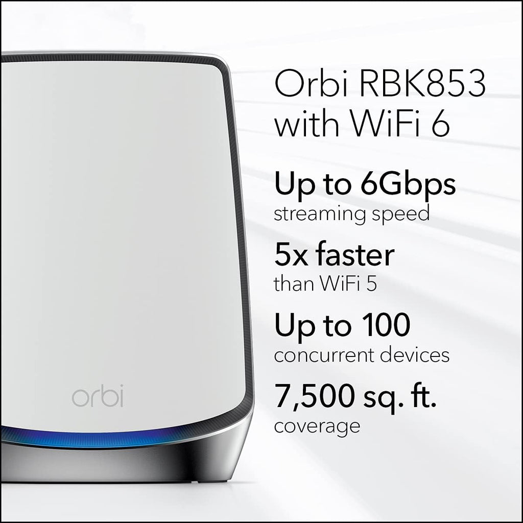 NETGEAR Orbi Whole Home Tri-Band WiFi 6 Mesh Network System (RBK853) – Router with 2 Satellite Extenders, Security Features, Coverage Up to 7,500 Square Feet, 100 Devices, AX6000 (Up to 6Gbps)
