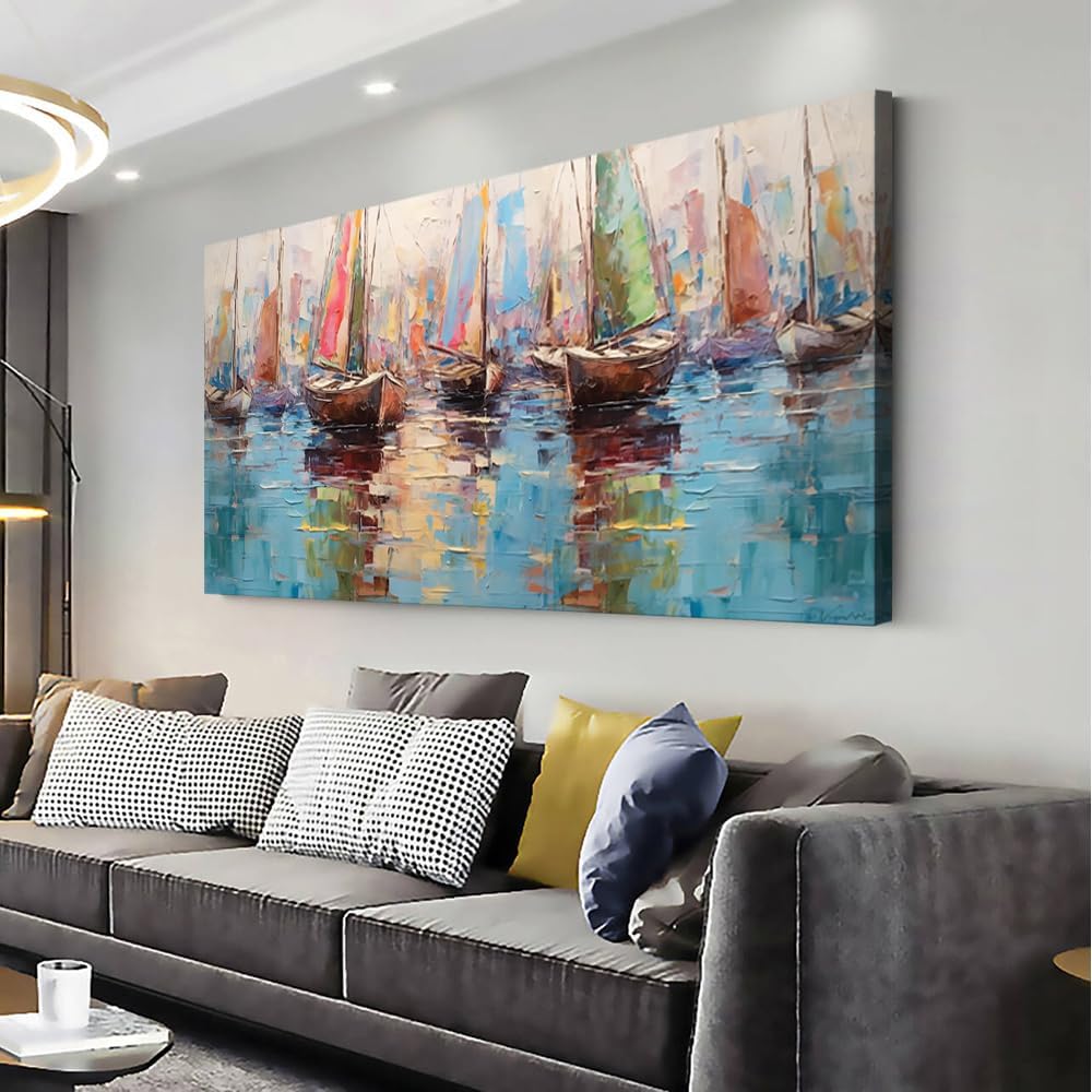 Colorful Boats on Water Oil Painting Style Wall Art Decor Artwork for Bedroom (30x60 Inches)