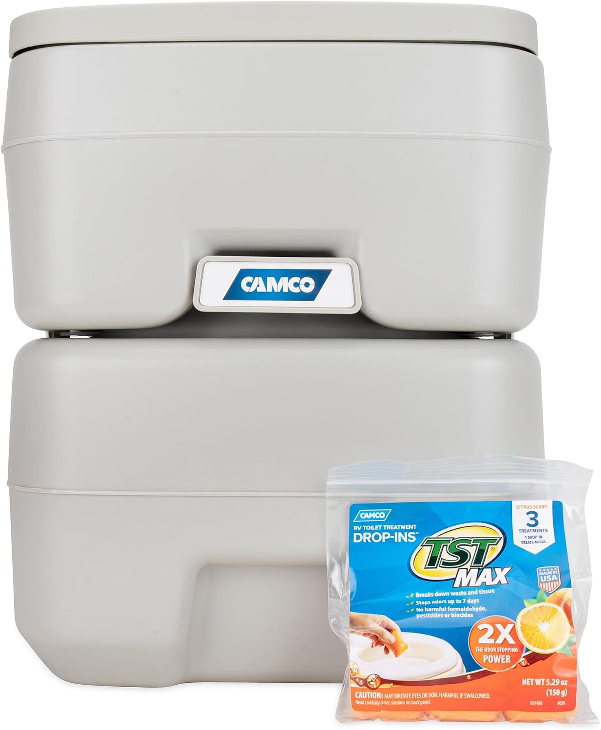 Camco 5.3-Gallon Portable Toilet - Features Detachable Holding Tank w/Sealing Slide Valve & Bellow-Type Flush - Easy Transport w/Compact Lightweight Design & Carry Handle - Gray (41541)