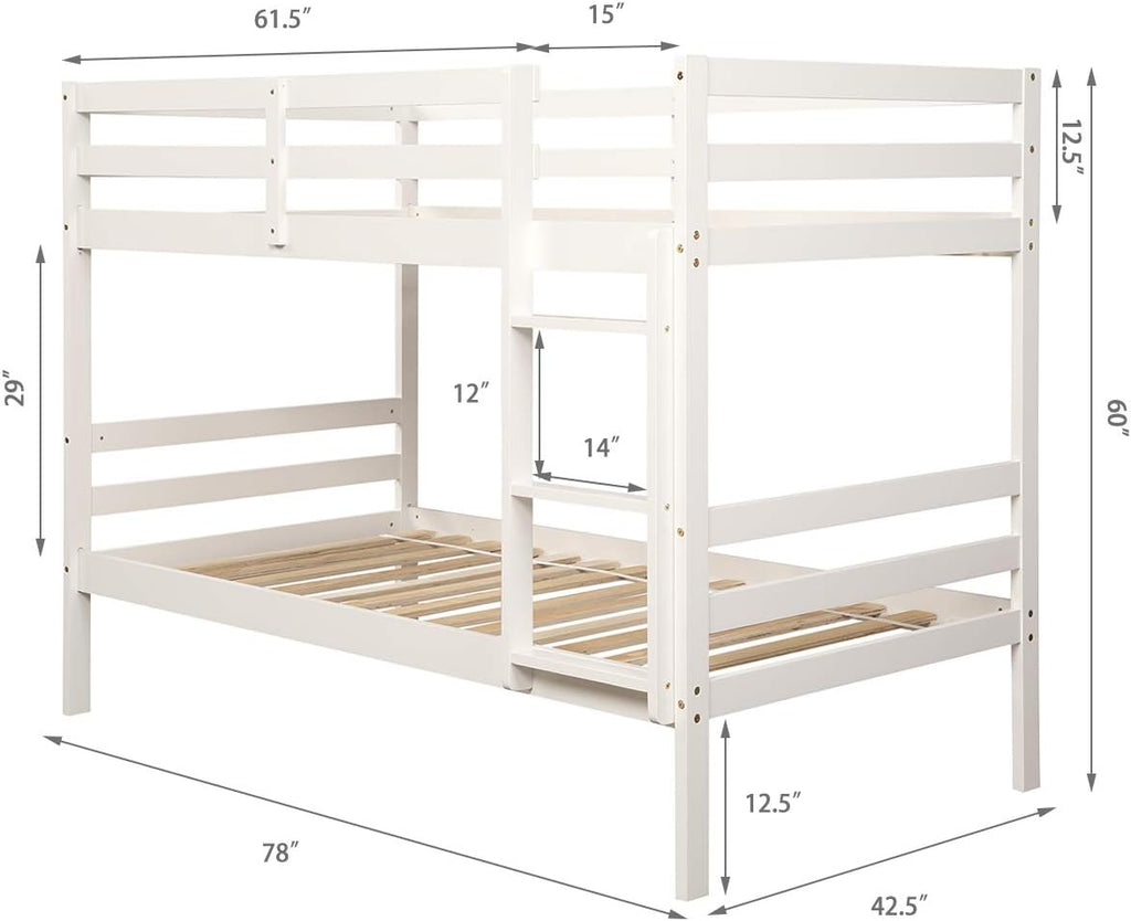 Costzon Twin Over Twin Bunk Beds, Wood Convertible Two Beds, Solid Rubberwood Bunk Bed with 1 Pcs Built-in Ladder and Safety Rails, No Box Spring Needed, Space Saving Bed Frame for Bedroom (White)