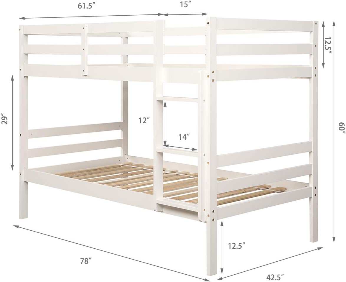 Costzon Twin Over Twin Bunk Beds, Wood Convertible Two Beds, Solid Rubberwood Bunk Bed with 1 Pcs Built-in Ladder and Safety Rails, No Box Spring Needed, Space Saving Bed Frame for Bedroom (White)