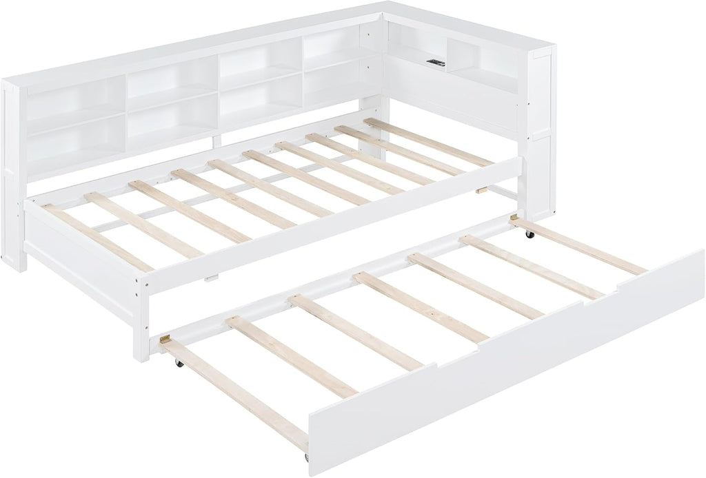 Modern Twin Size Daybed with Trundle, Solid Wood Captain Platform Bed with Storage Cabinets and USB Ports, Low Floor Bed for Kids Teens Adult Bedroom, Easy Assembly (White-XX115)