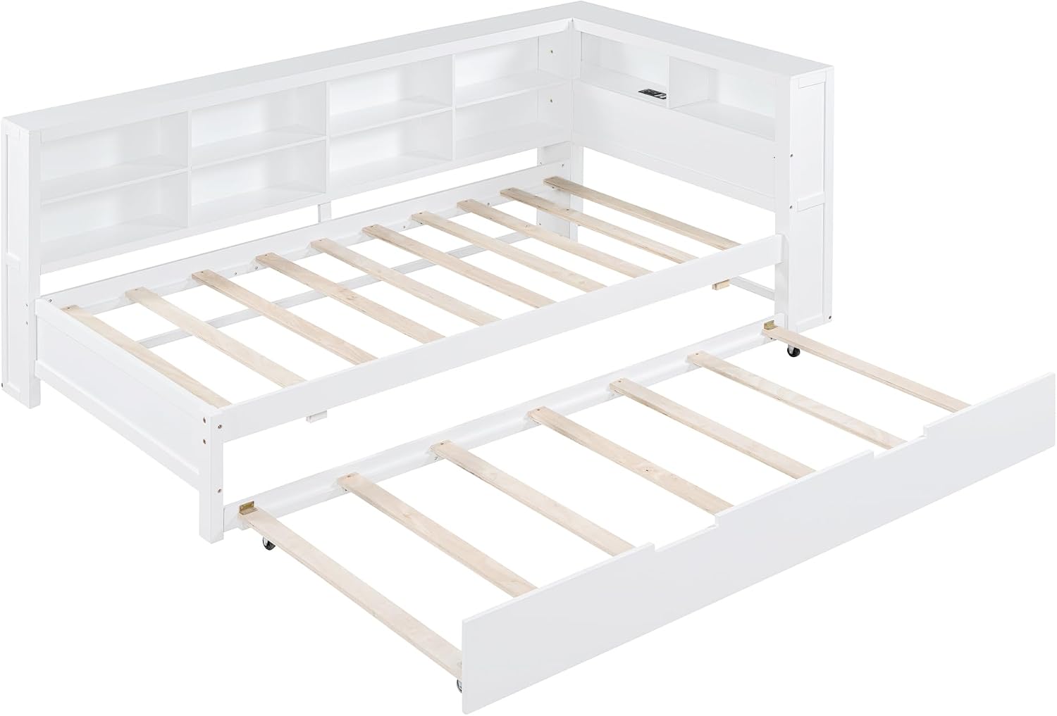 Modern Twin Size Daybed with Trundle, Solid Wood Captain Platform Bed with Storage Cabinets and USB Ports, Low Floor Bed for Kids Teens Adult Bedroom, Easy Assembly (White-XX115)