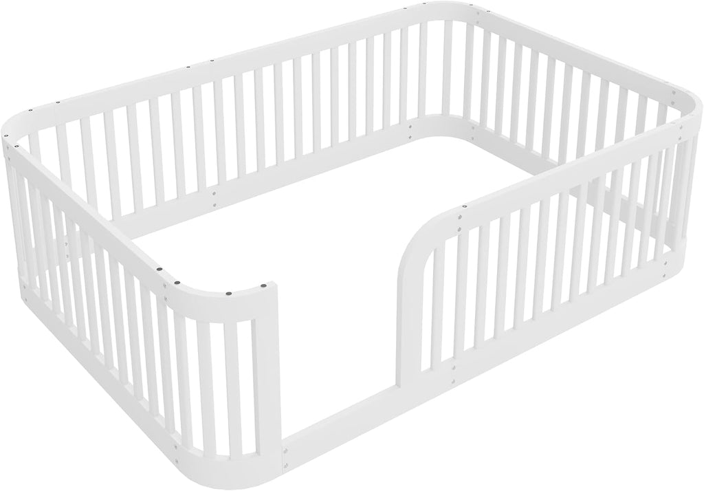 Floor Bed with No Slat, Wood Platform Bed Frame with Fence for Bedroom,No Needed Box Spring (White, Full)