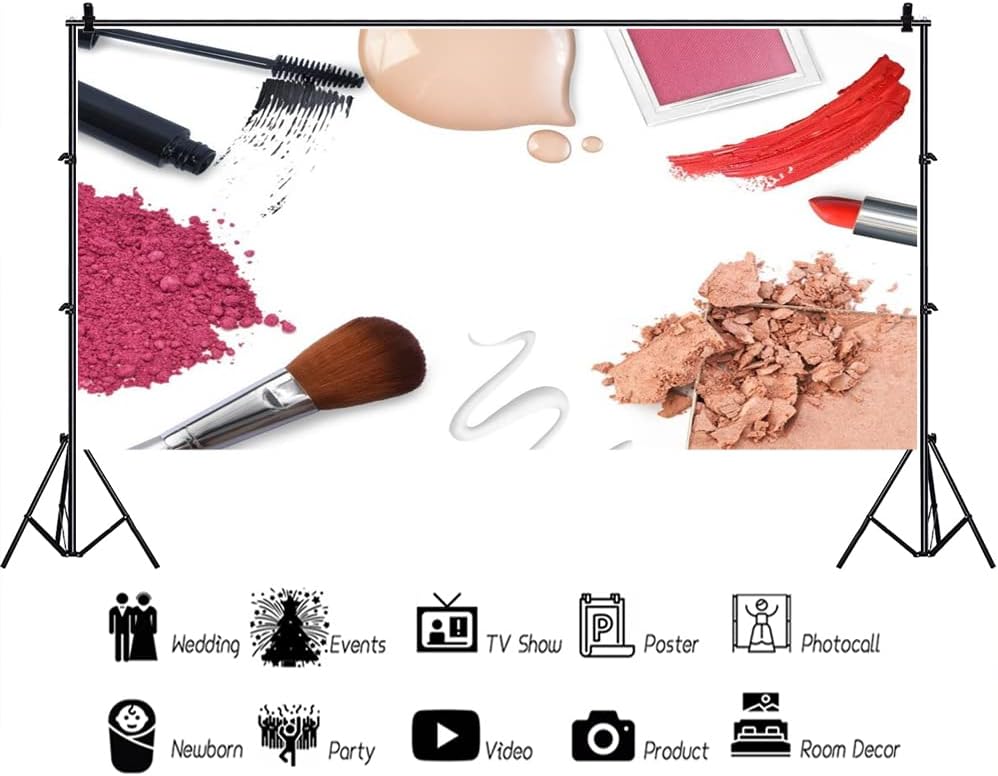 AOFOTO 20x10ft Fashion Makeup Set Backdrop Trendy Girl Beauty Photography Background Cosmetics Blogger Live Video Banner Powder Brush Lipstick Eyeshadow Skincare Tools Photo Studio Props Wallpaper