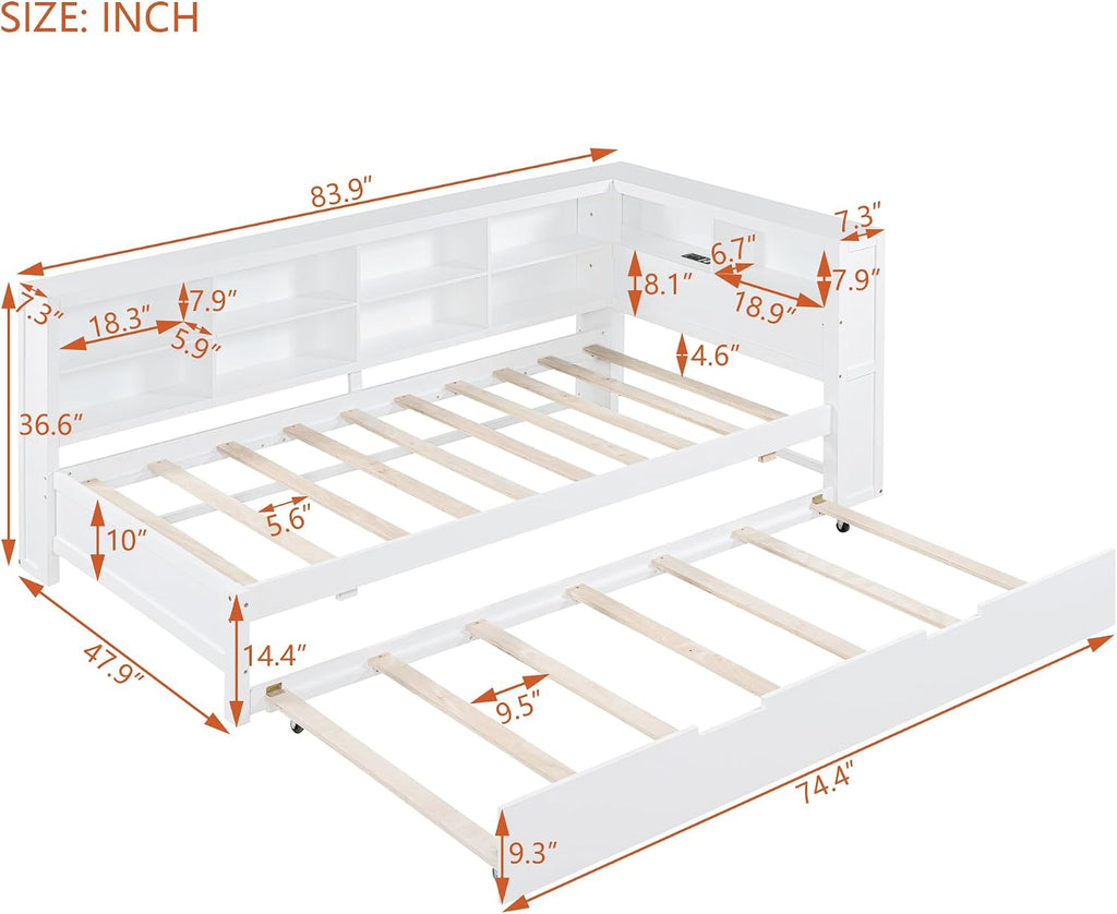 Modern Twin Size Daybed with Trundle, Solid Wood Captain Platform Bed with Storage Cabinets and USB Ports, Low Floor Bed for Kids Teens Adult Bedroom, Easy Assembly (White-XX115)