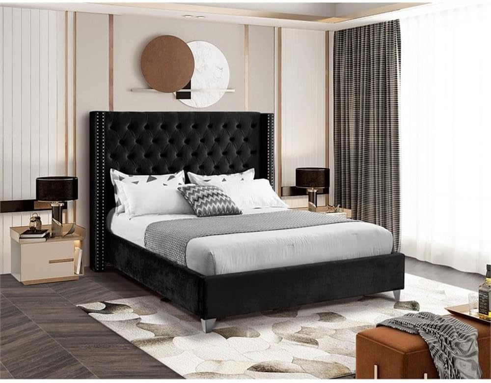 Home Square 2-Piece Set with Velvet Wing Back Queen Bed and Ottoman in Black