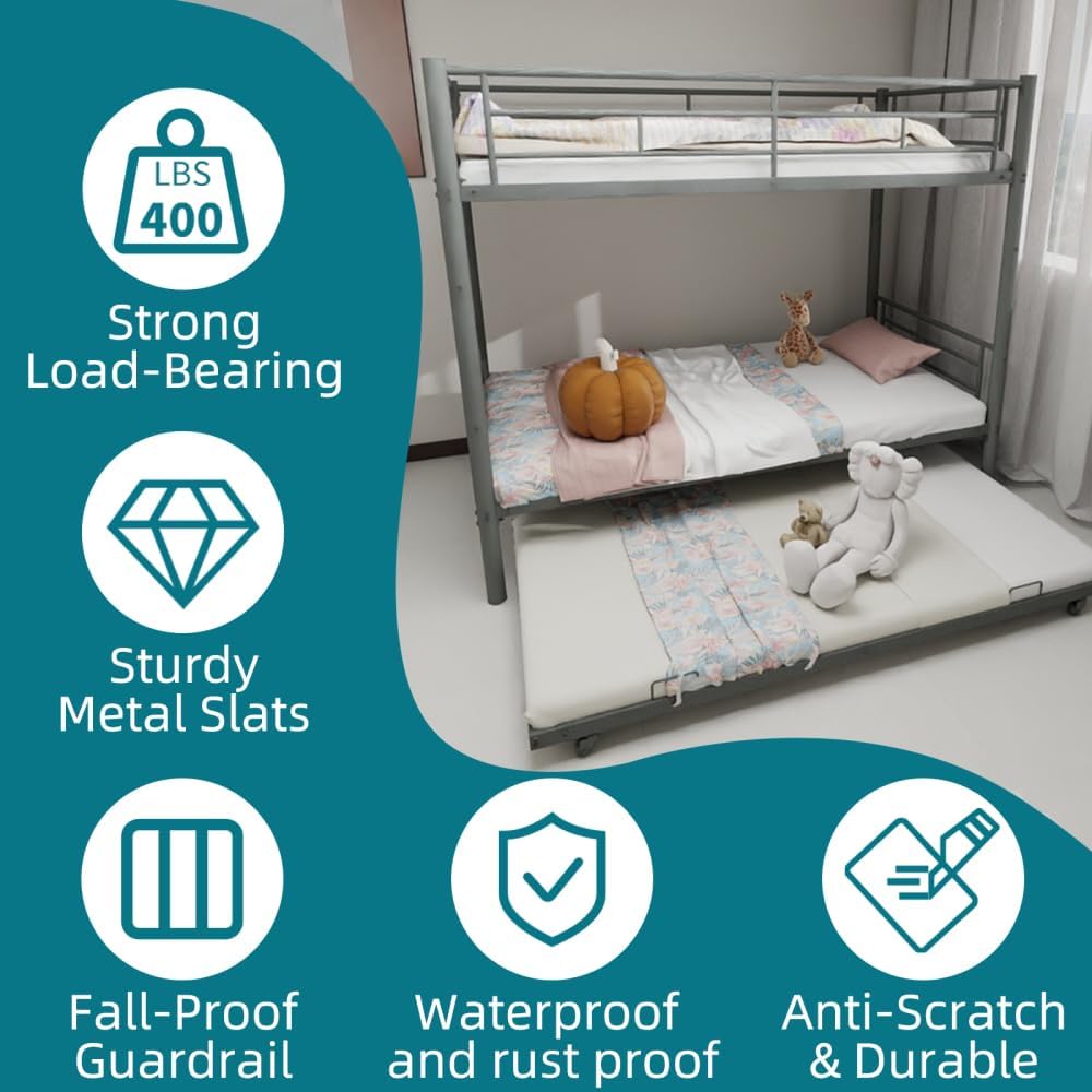 Twin Over Full Metal Bunk Bed, with Ladder & Full-Length Guardrail for Teens Adults, Noise Free (Silver + Metal + Twin)