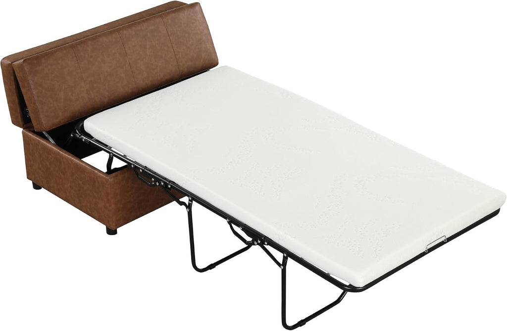 Folding Ottoman Sleeper Bed with Foldable Foam Mattress, Faux Leather Upholstered with Pull Out Bed and Steel Frame Base, Twin Size, for Living Room Bedroom Office (Brown PU)