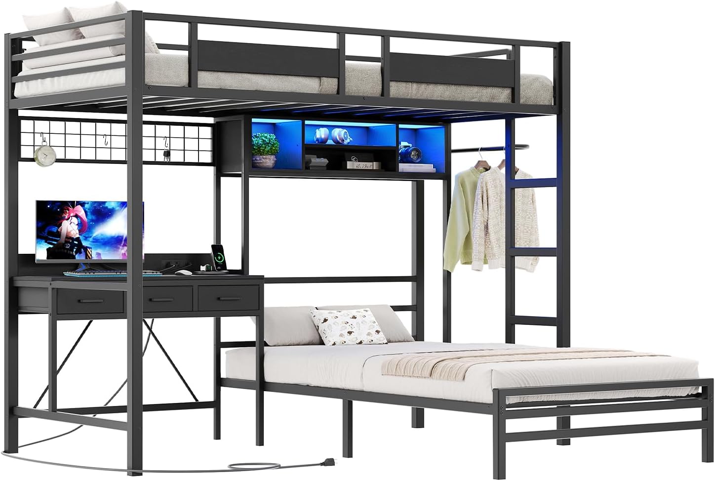 RALGEND Twin Over Twin Bunk Bed with Desk with 3 Drawers & Storage Shelves, Twin Bunk Bed with Charging Station & LED Lights, Bunk Bed with Guardrail & Ladder for Kids, Teens, Small Spaces, Black