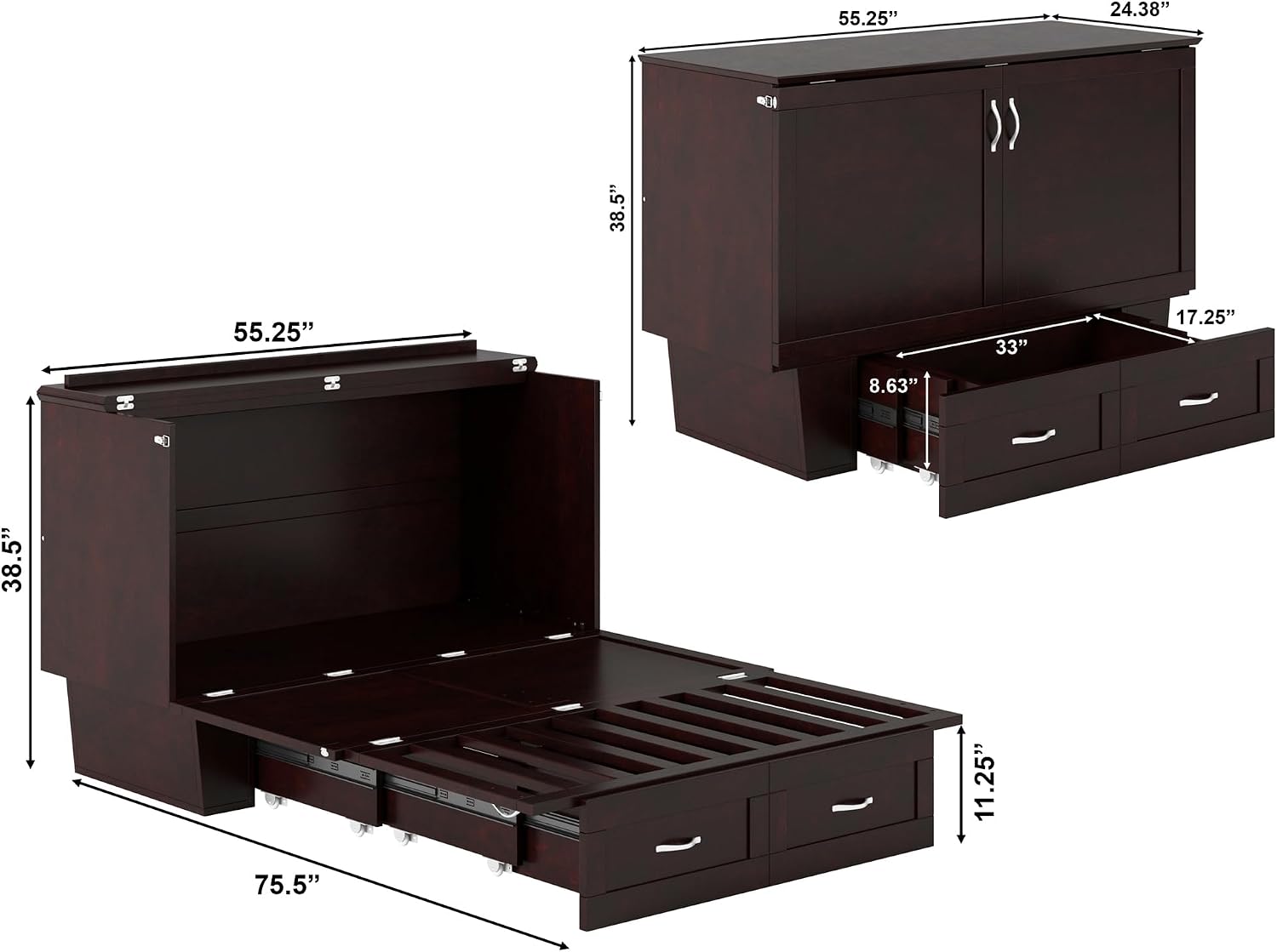 AFI, Monroe Full Murphy Bed Chest with 6' Mattress, Storage Drawer & Built-in USB Charger, Espresso