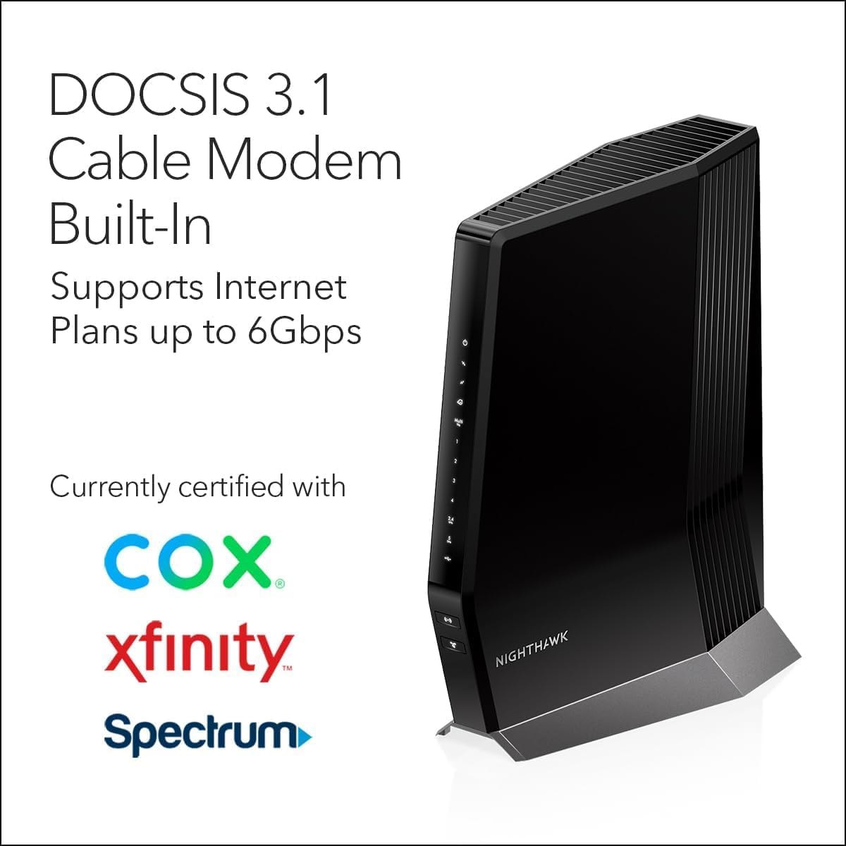NETGEAR Nighthawk Cable Modem with Built-in WiFi 6 Router (CAX80) - Compatible with All Major Cable Providers | Cable Plans Up to 6Gbps | AX6000 WiFi 6 speed | DOCSIS 3.1 (Renewed)