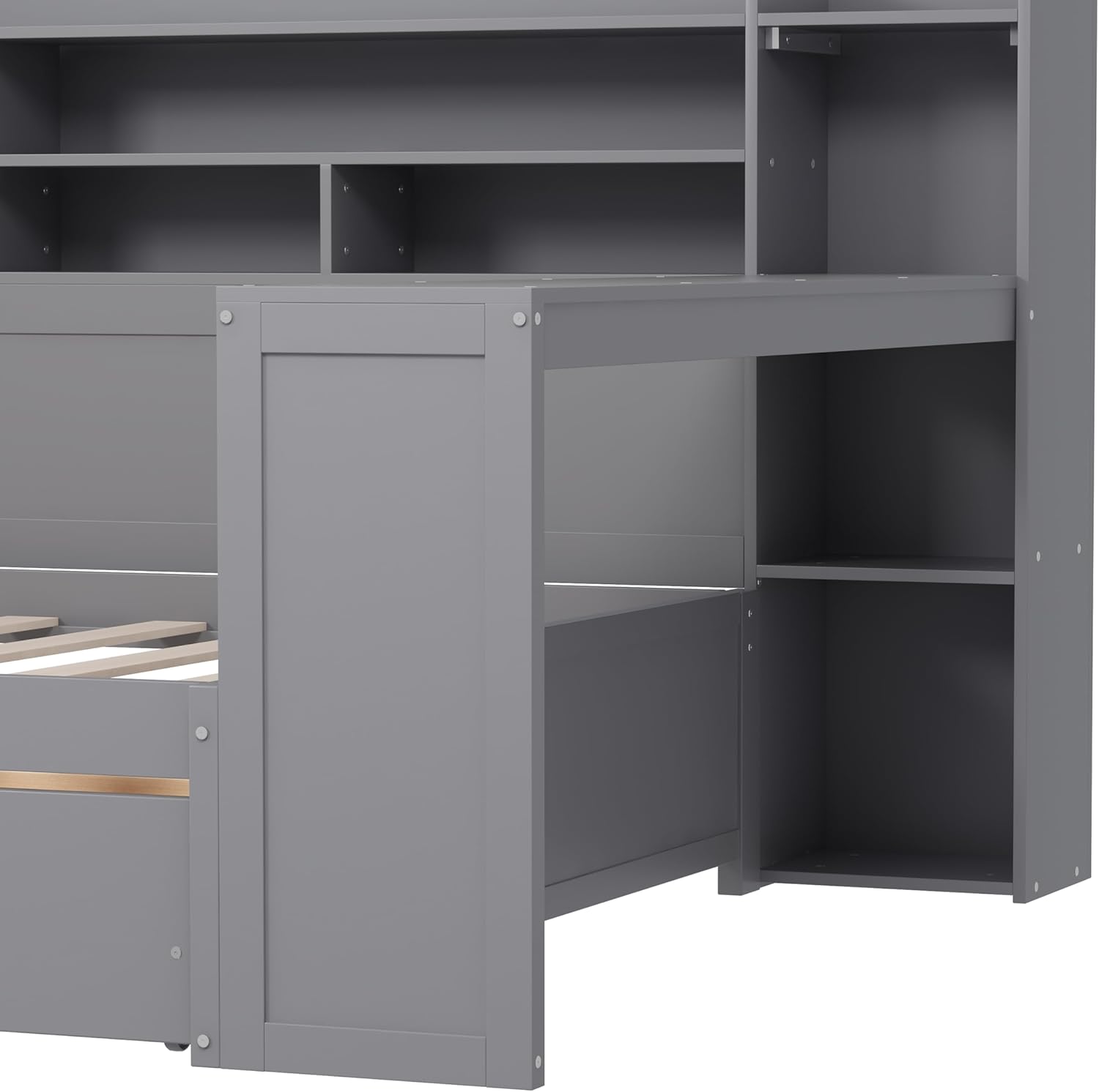 Mirightone Corner Twin Bed Frame with Bookcase Storage and Desk, Wood Day Beds with 2 Drawers, Twin Size Daybed with Storage for Living Room,Bedroom & Guest Room, Gray