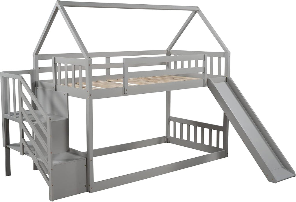 Twin Over Twin Bunk Bed with Slide for Kids Toddlers, House Bunk Bed Farm with Storage Steps and Roof Guardrail for Girls/Boys, No Spring Box Required (Gray-Storage Steps#2)
