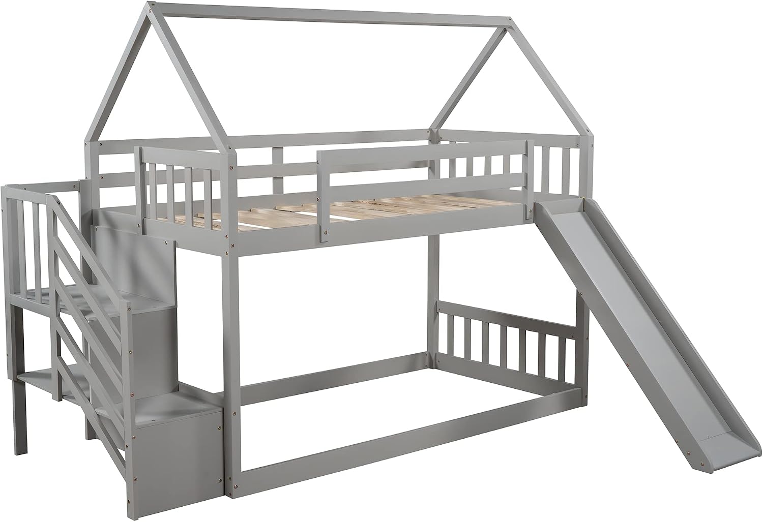 Twin Over Twin Bunk Bed with Slide for Kids Toddlers, House Bunk Bed Farm with Storage Steps and Roof Guardrail for Girls/Boys, No Spring Box Required (Gray-Storage Steps#2)