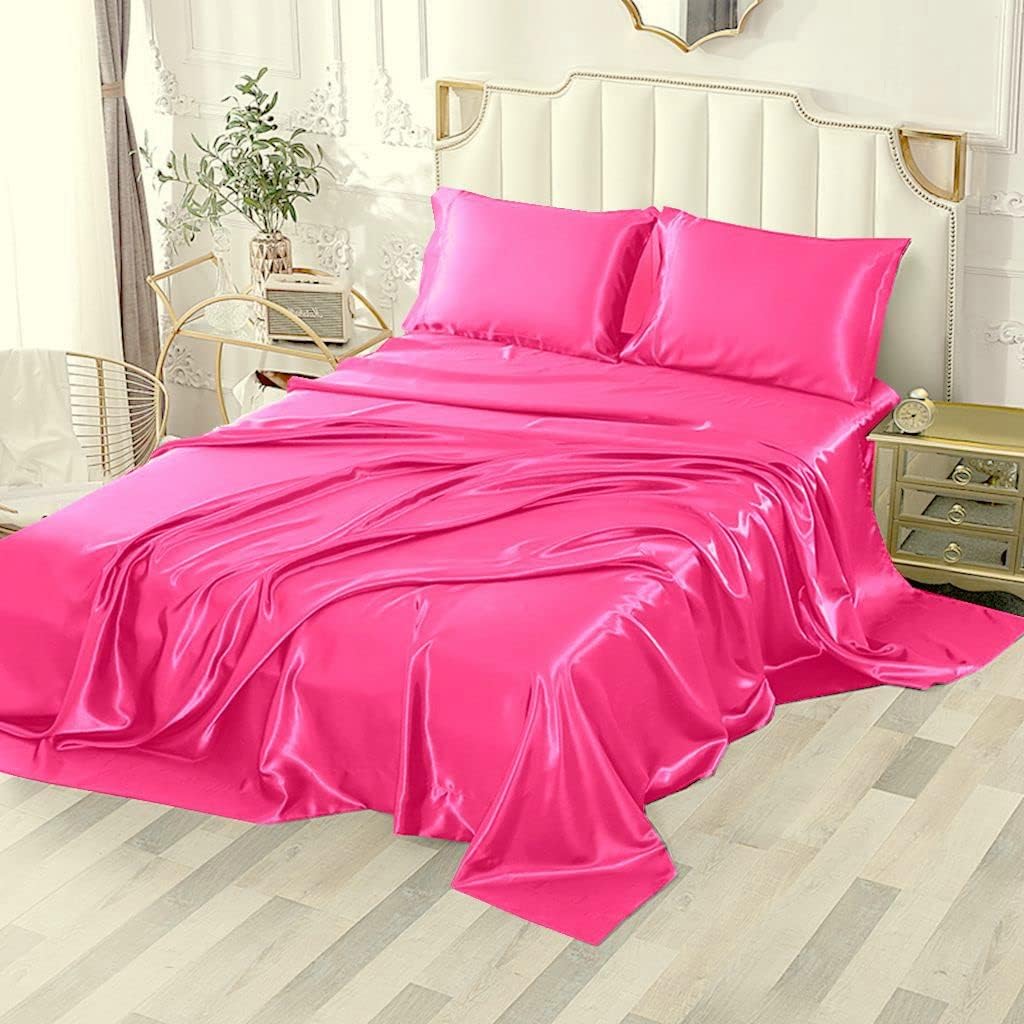 Twin XL Size 4-Piece Sheet Set Premium Mulberry Silk Bed Sheets Set Fits 14-16' Deep Pocket - Luxurious Soft Silk (Solid, Hot Pink)