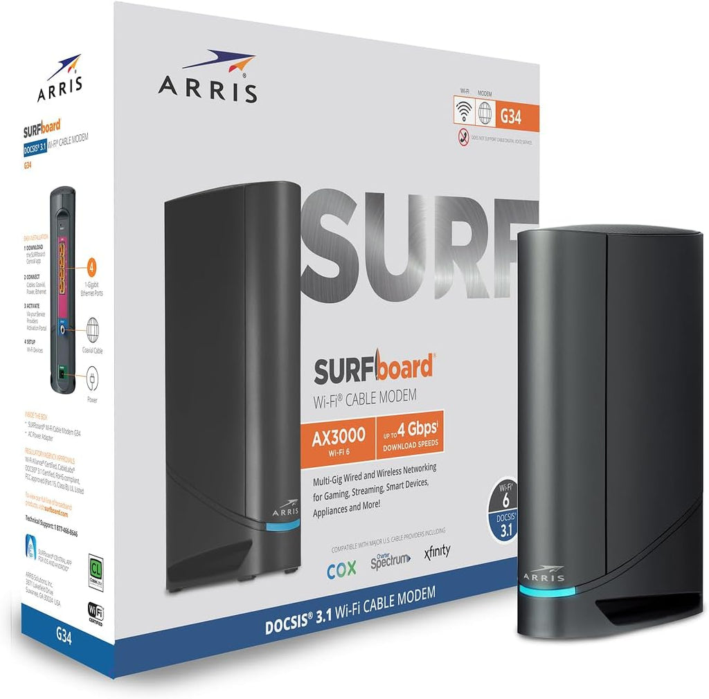 ARRIS (G34-RB) - Cable Modem Router Combo - Fast DOCSIS 3.1 Gigabit WiFi 6 (AX3000), Approved for Comcast Xfinity, Cox, Spectrum & More, 1 Gbps Max Internet Speeds - Renewed