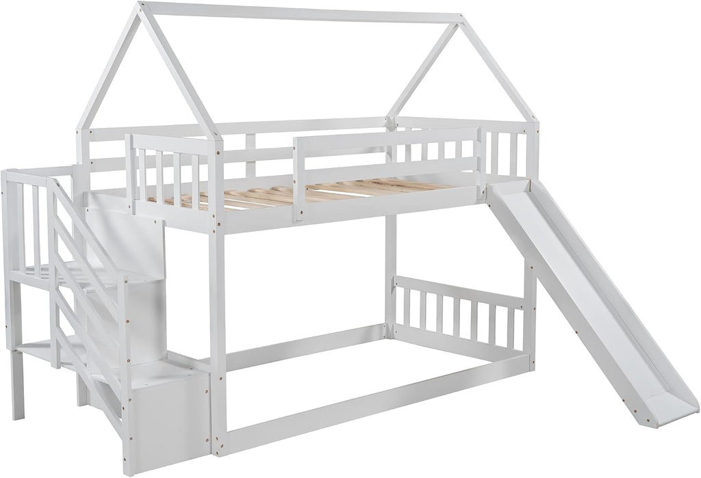 Twin Over Twin Bunk Bed with Slide for Kids Toddlers, House Bunk Bed Farm with Storage Steps and Roof Guardrail for Girls/Boys, No Spring Box Required (White-Storage Steps#2)