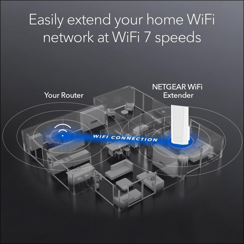 NETGEAR WiFi 7 Range Extender (EXS18) – BE3600 Dual-Band Wireless Internet Signal Range Extender (up to 3.6 Gbps Speed) - Add up to 1,200 sq. ft., 40 Devices – WPA3 Security, Smart Roaming