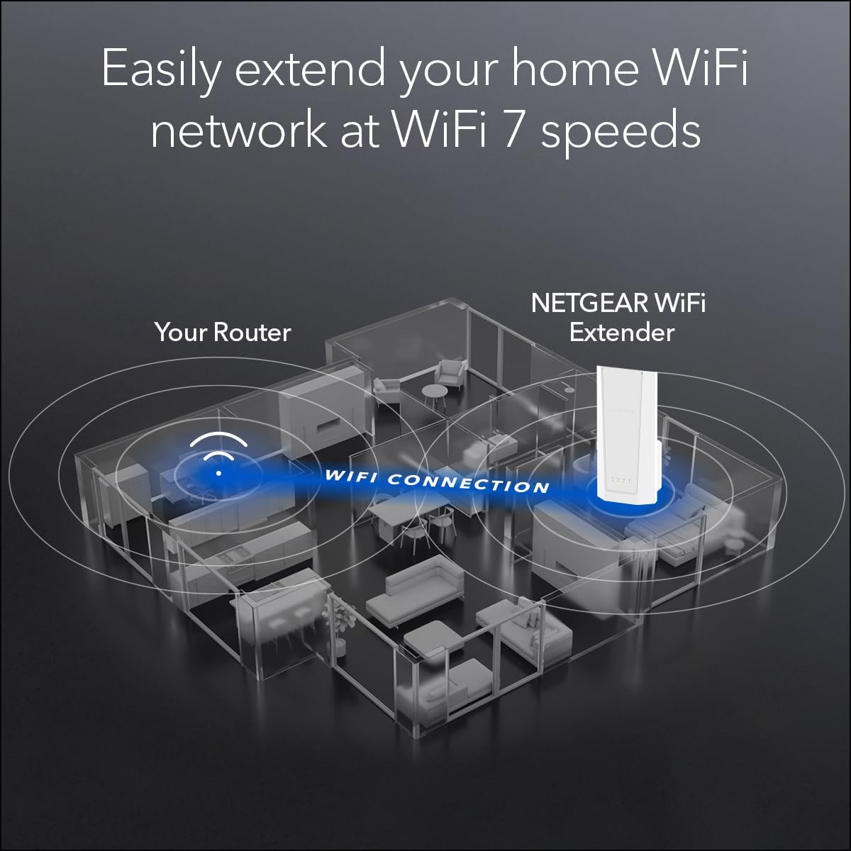 NETGEAR WiFi 7 Range Extender (EXS18) – BE3600 Dual-Band Wireless Internet Signal Range Extender (up to 3.6 Gbps Speed) - Add up to 1,200 sq. ft., 40 Devices – WPA3 Security, Smart Roaming