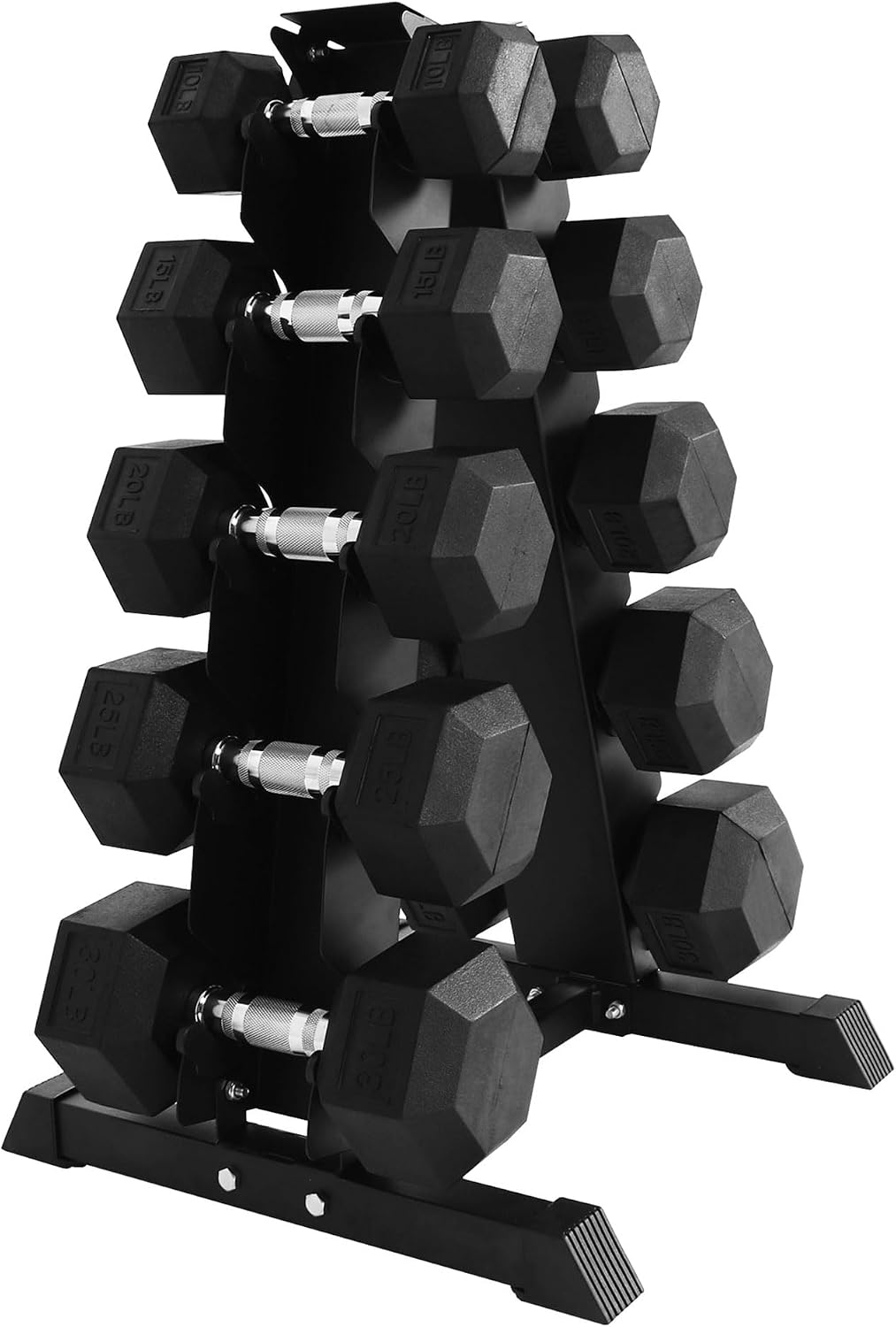 BalanceFrom Rubber Coated Hex Dumbbell Set with A-Frame Rack, Black – Solid Cast Iron Home Gym Weights with Chrome Handles for Full-Body Strength Training and Muscle Toning