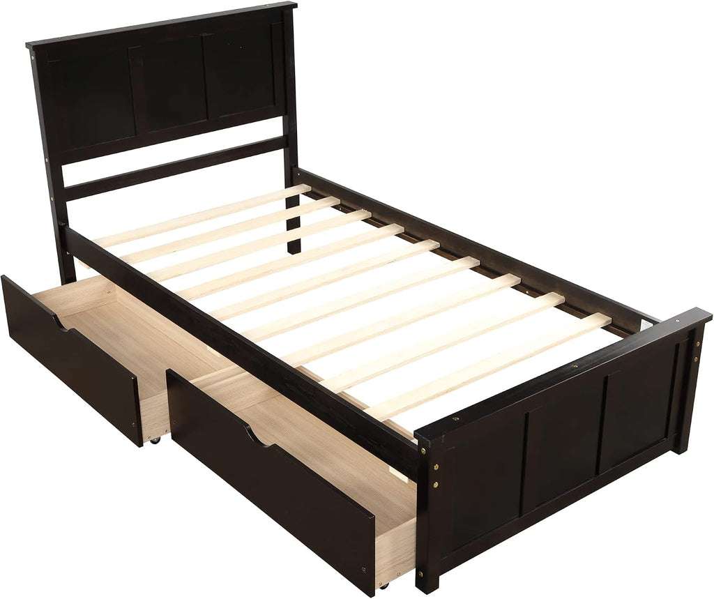 Twin Platform Bed with 2 Drawers and Headboard, Solid Wooden Twin Size Bed Frame with Storage and Wood Slats, Twin Size Platform Bed for Kids,Teens,Adults (Espresso)