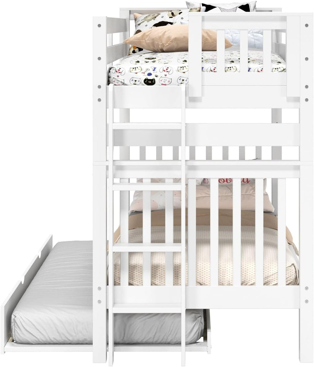 Bedz King Tall Bunk Beds Twin Over Twin Mission Style, End Ladder, Twin Trundle, White