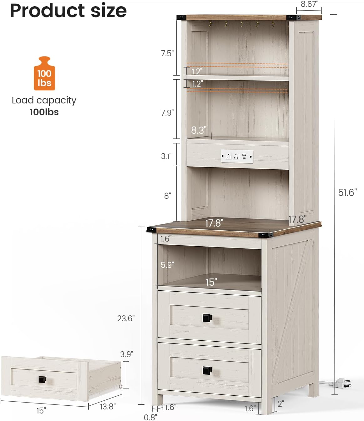 Farmhouse Tall Nightstand Set of 2 with Charging Station and 2 Drawers,Led White Night Stand Set of 2 with Bookshelf,Bedside End Side Table with Storage Shelves for Bedroom,Antique White