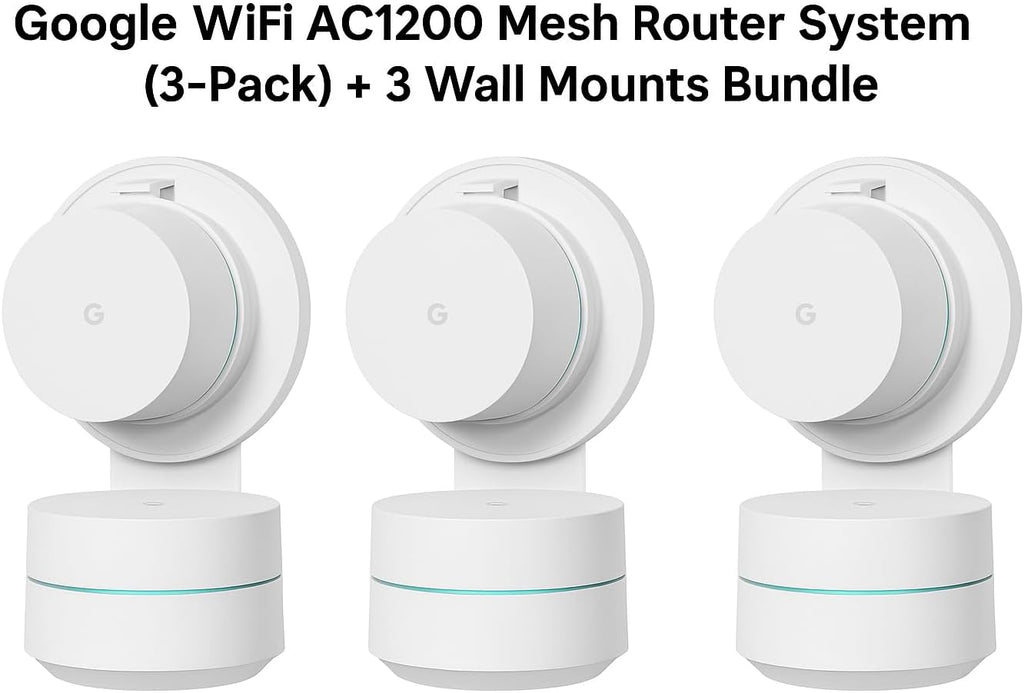 Google WiFi - AC1200 - Mesh WiFi Router System Bundle (3-Pack) + 3 Wall Mounts for Google - 4500 Sq Ft Coverage - Retail Packaging - Easy Setup, Seamless Signal for Smart Home Devices - Snow