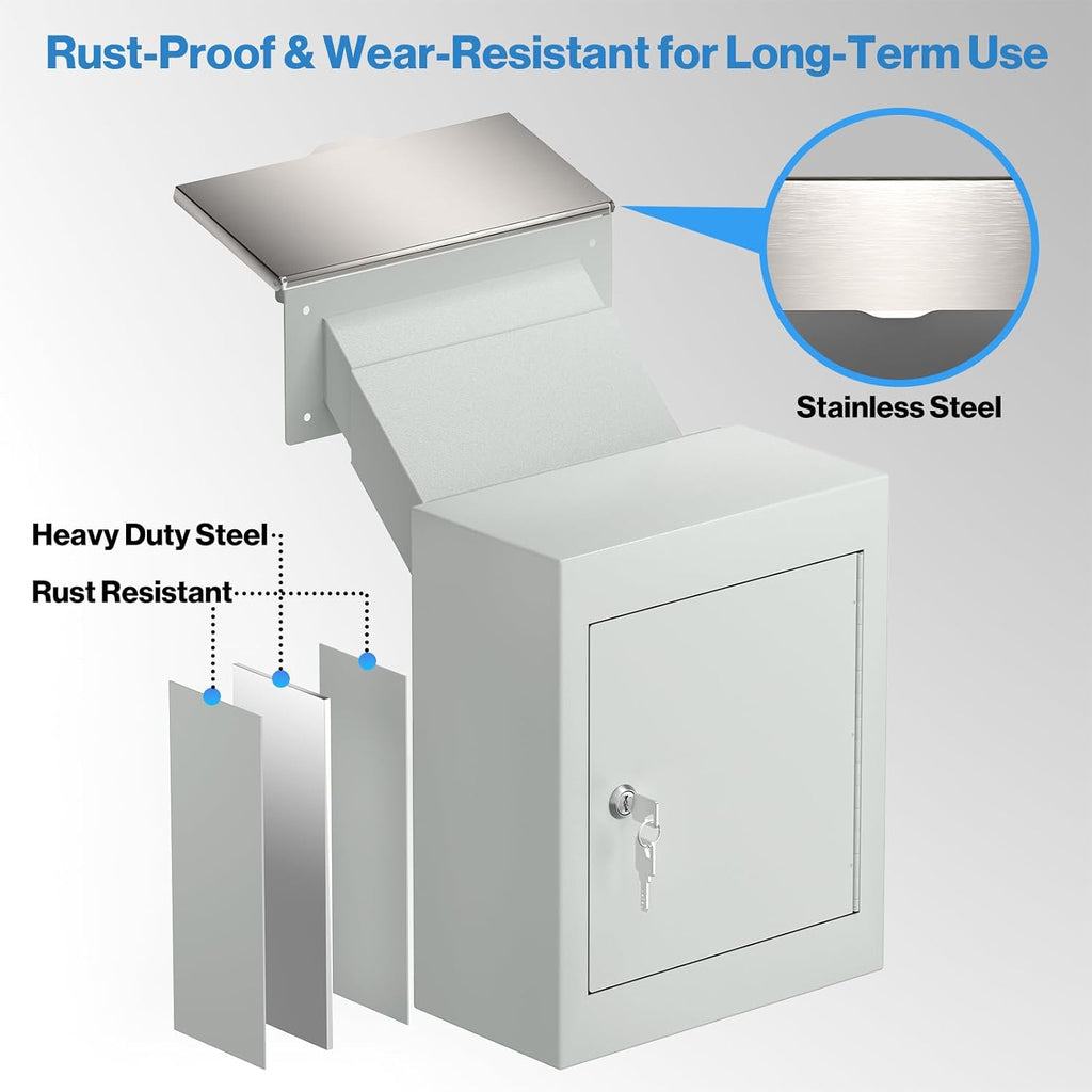 Pochar Through-The-Wall Drop Box with Rainproof Cover | Heavy Duty Through Wall Mailbox with 10-Inch Adjustable Chute | Rainproof Locking Drop Safe for Mail, Rent, Checks, Cash, and Keys(White)